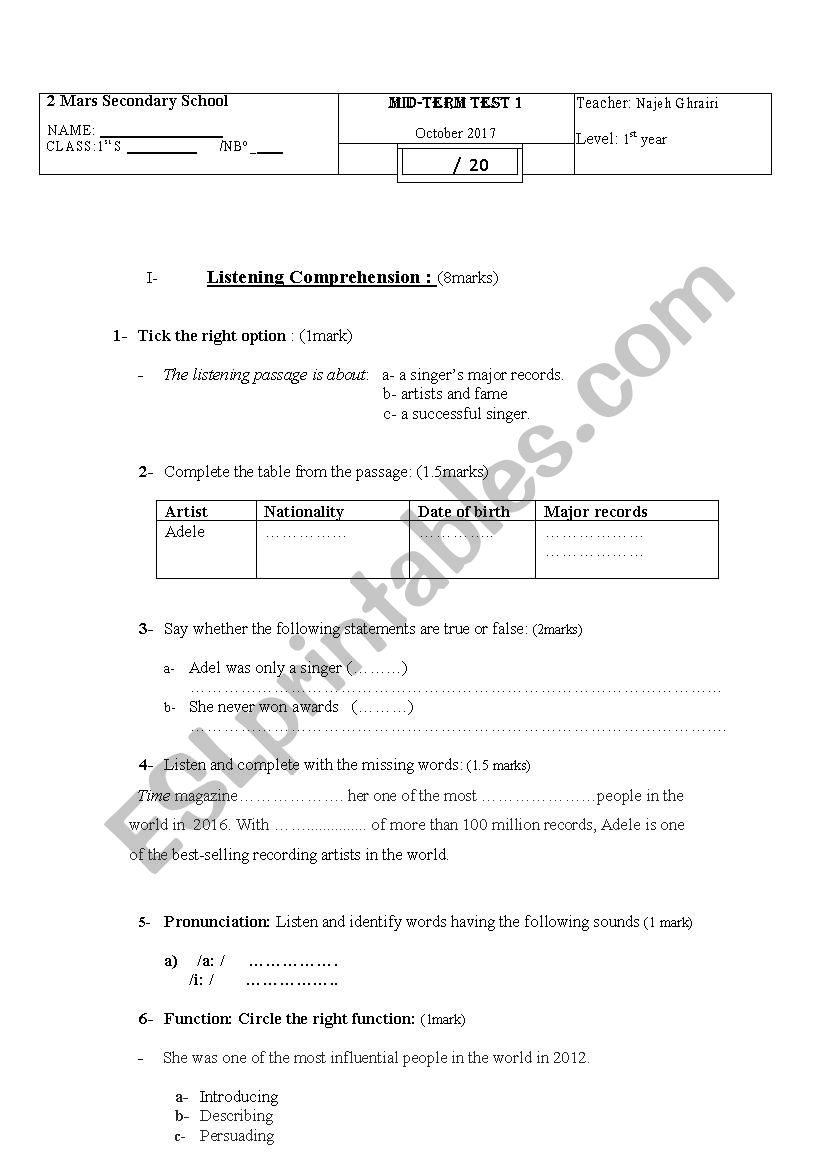 2ND year test worksheet