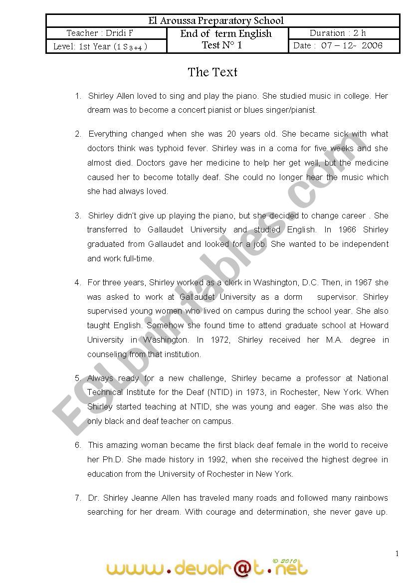 1st year test worksheet