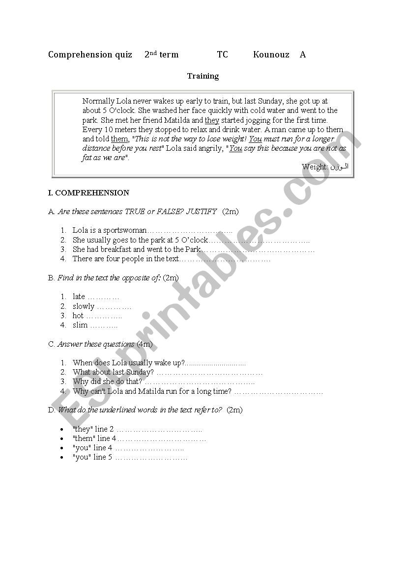 comprehension quiz elementary worksheet