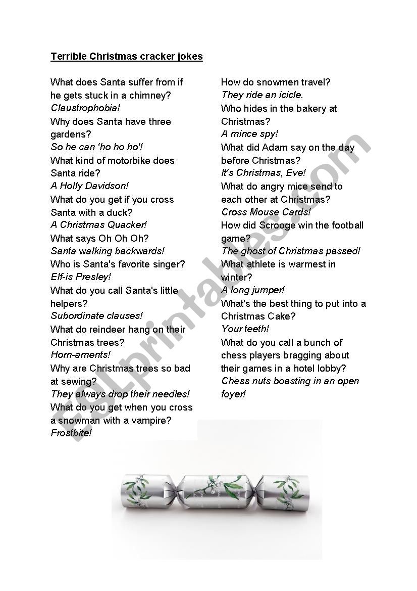 Christmas cracker jokes worksheet