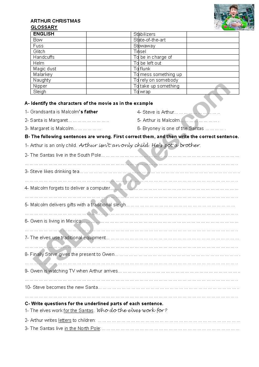 ARTHUR CHRISTMAS WORKSHEET & KEY