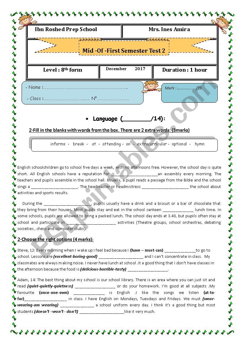 MID SEMESTER TEST 2 8th form worksheet