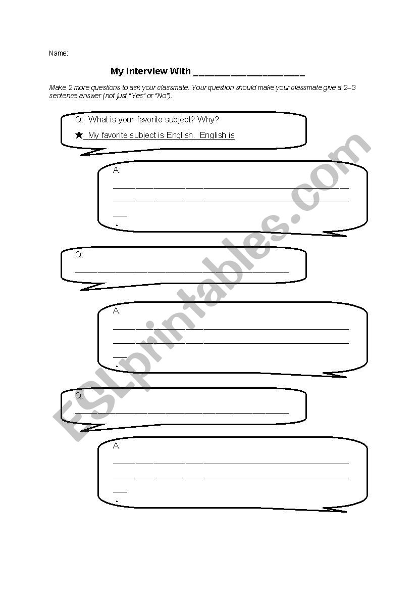 Interview with a Classmate worksheet