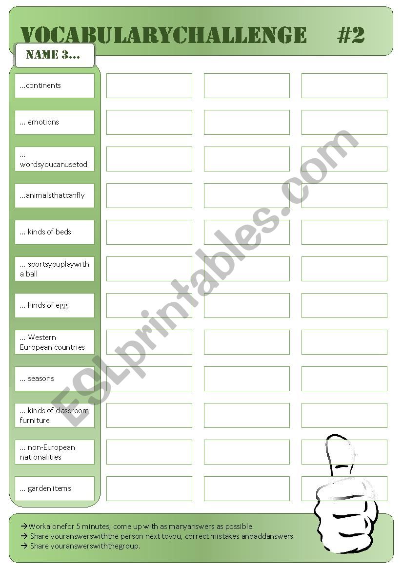 Vocabulary challenge 2 worksheet