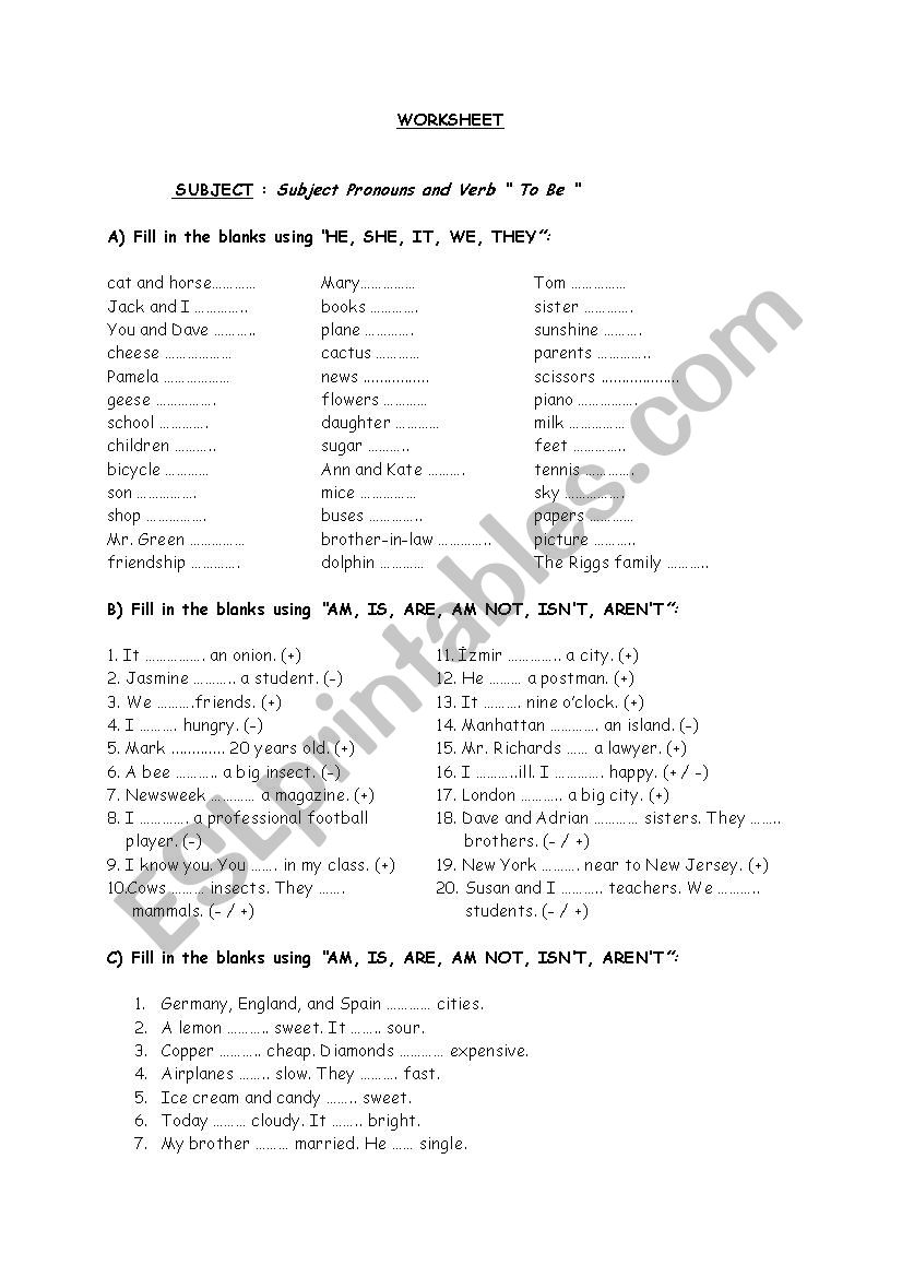 Worksheet of Subject pronouns and verb 