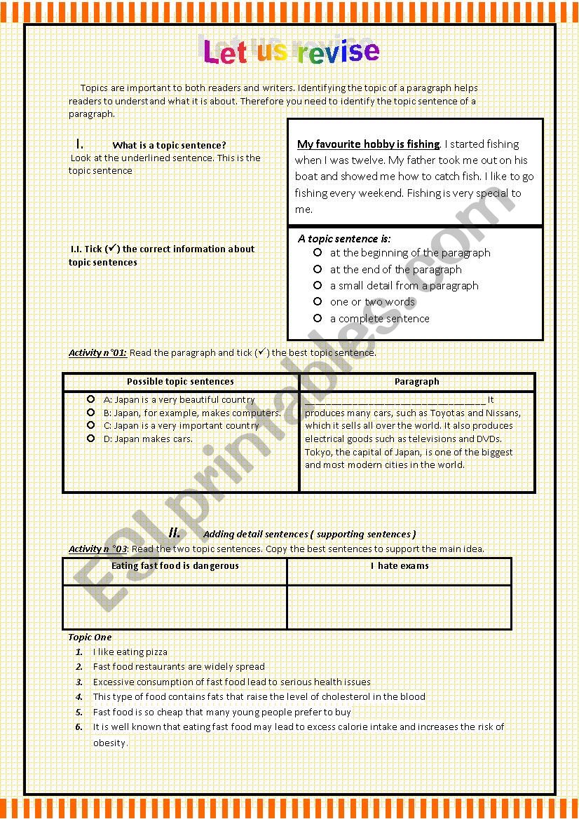 the structure of a paragraph  worksheet