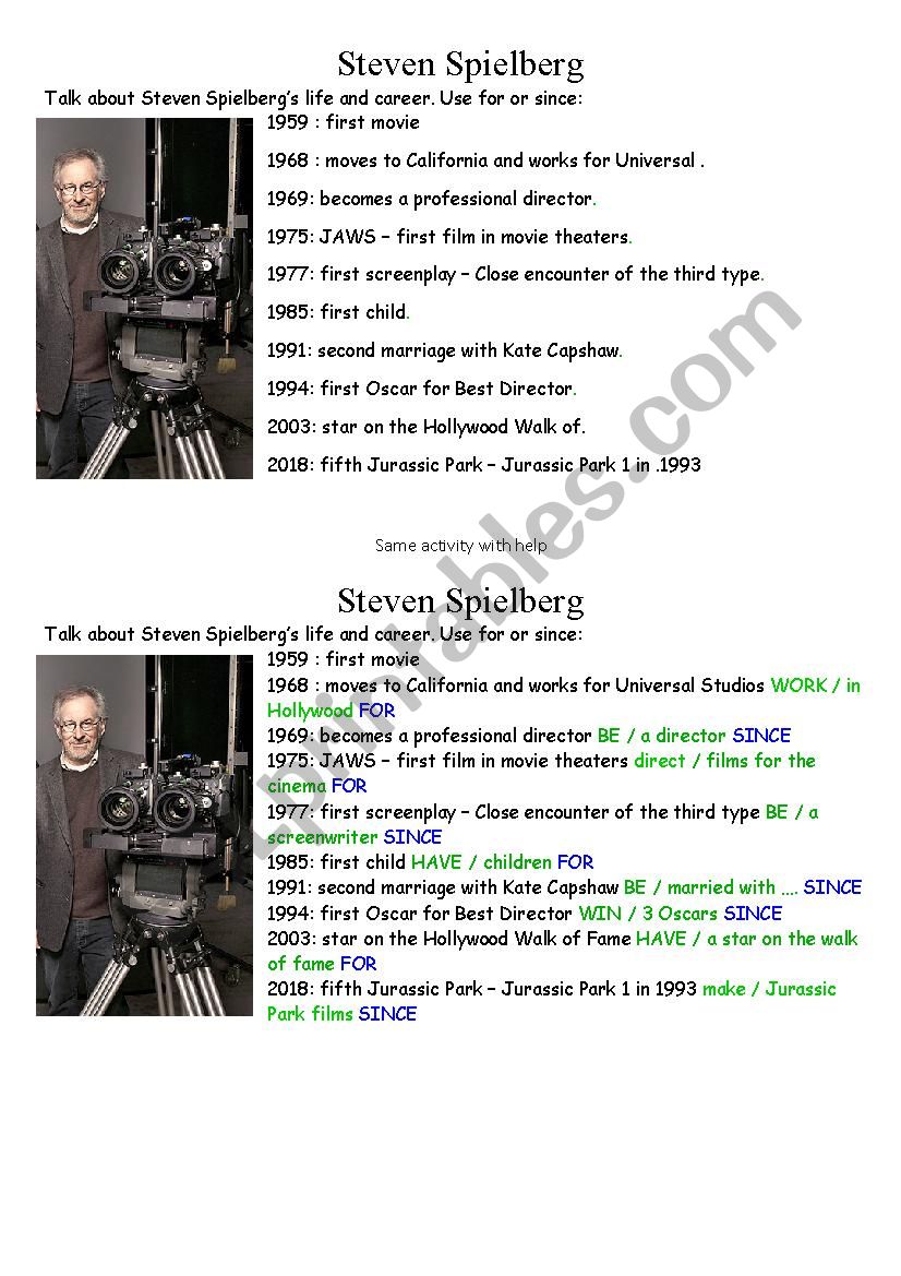 Steven Spielberg for / since worksheet