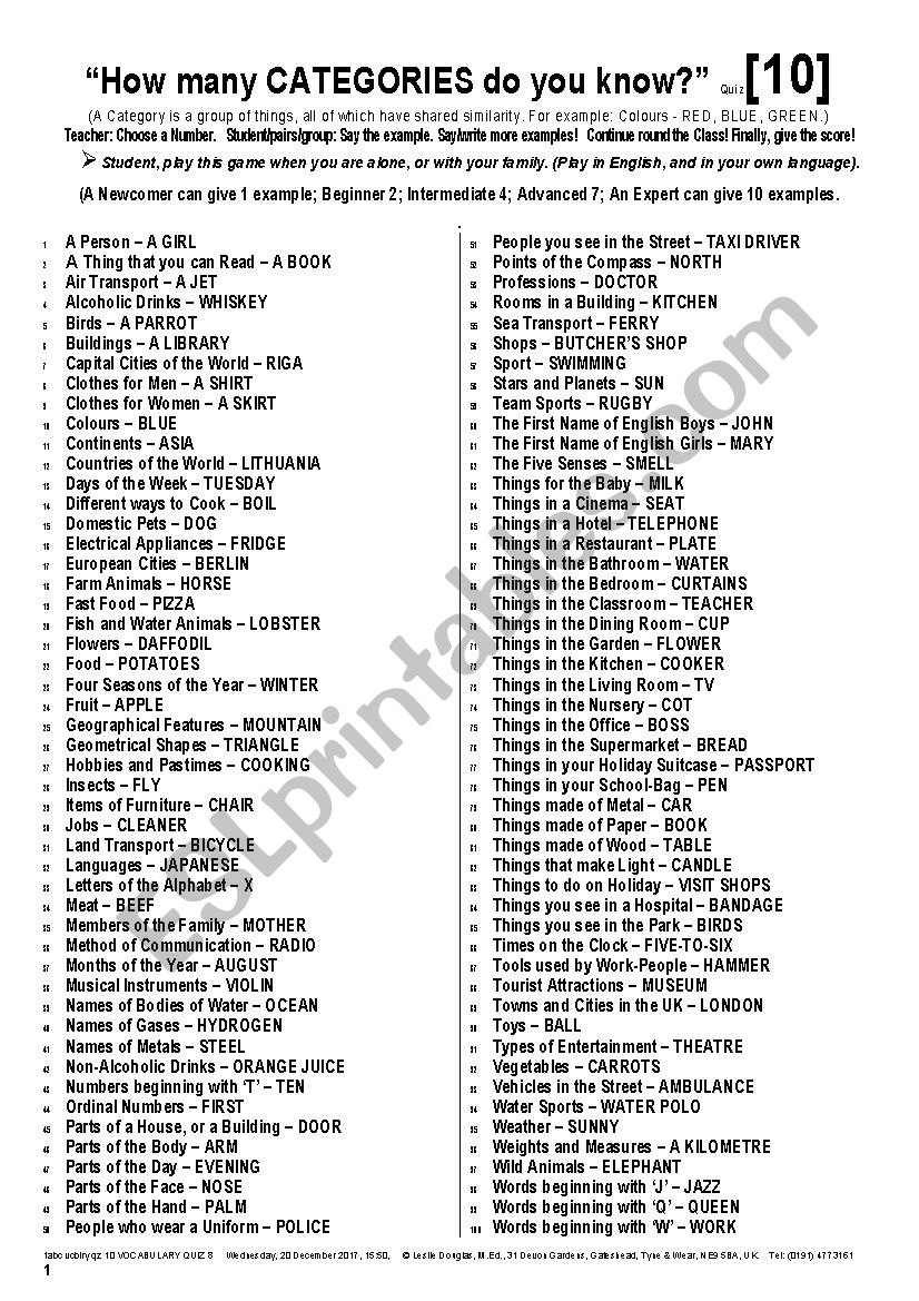 QUIZ GAME 010 Categories worksheet