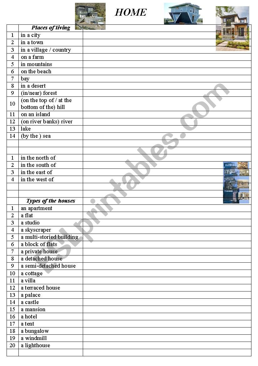 Types of houses, places of living