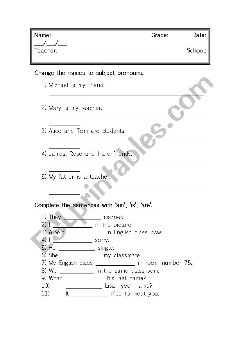 Test: pronouns and verb to be worksheet
