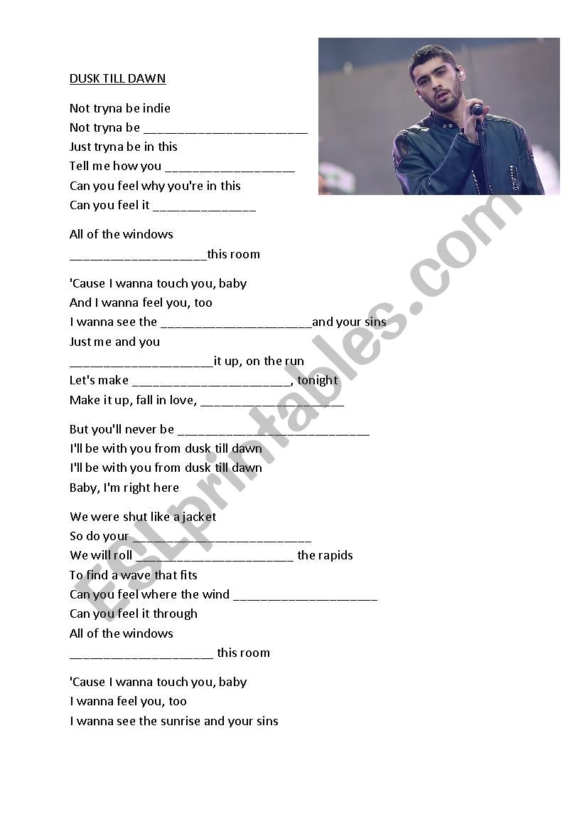 Dusk till dawn ZAYN feat Sia worksheet