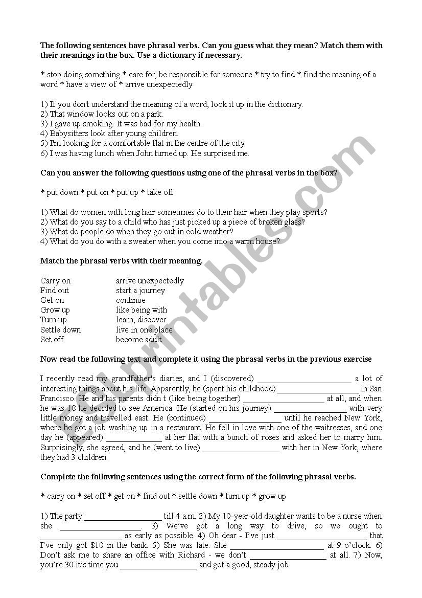 Exercises for phrasal verbs worksheet