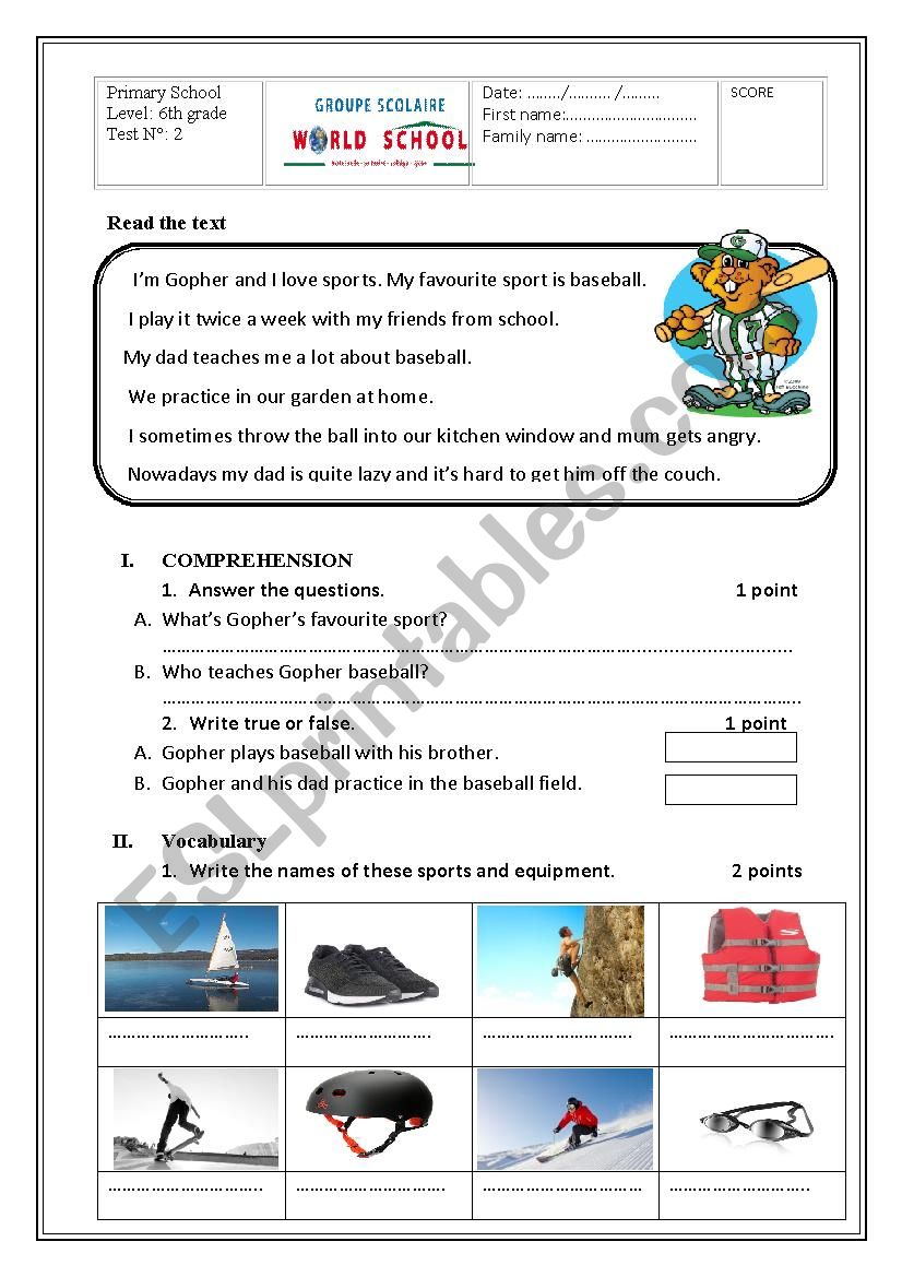 reading and language worksheet concerning sports