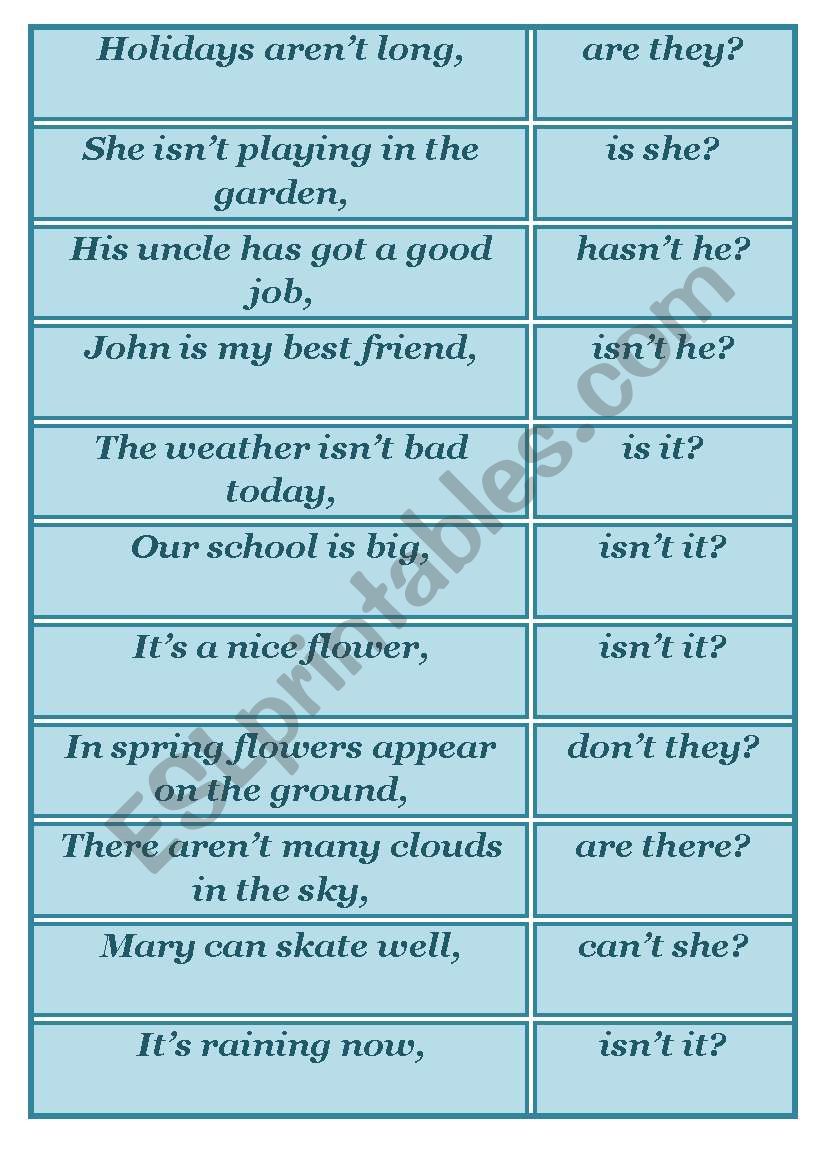 Tag questions-game cards worksheet