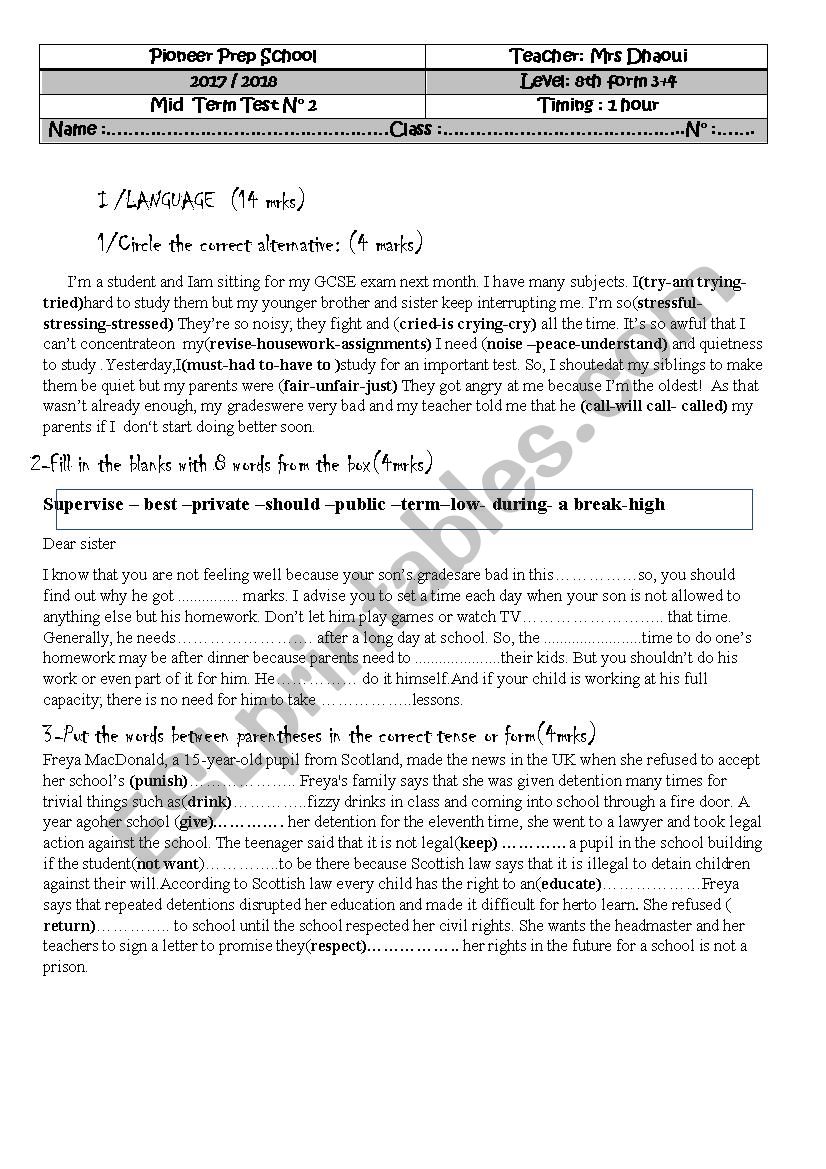 8th form mid semester 1 test 2 tunisian pupils