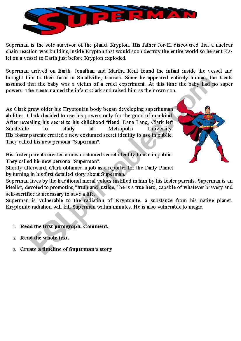 Supermans story worksheet