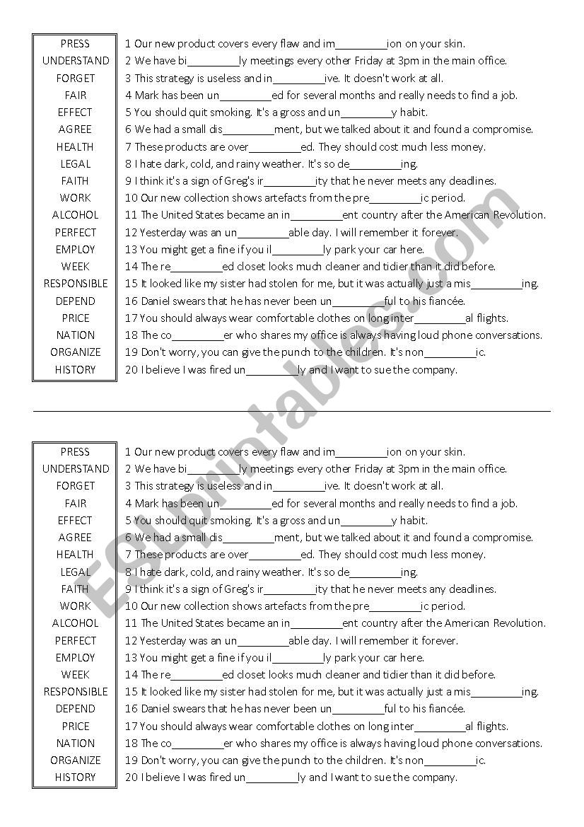 Word formation: Words with prefixes and suffixes