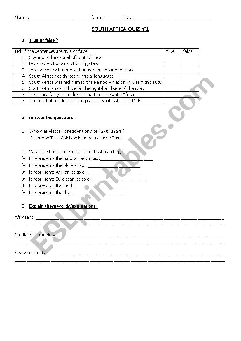 Sout Africa quiz n1 and n2 worksheet