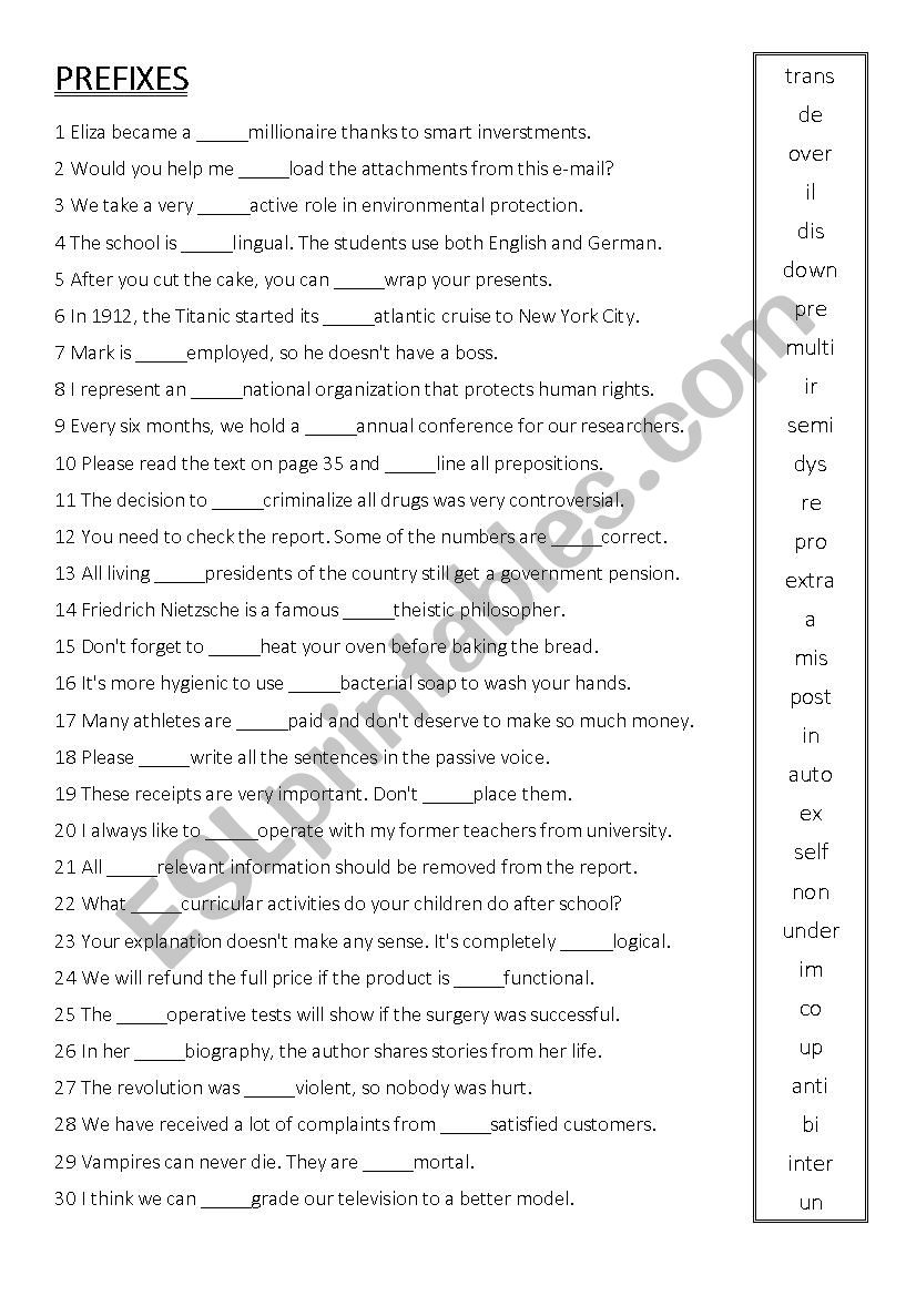 Word formation: Prefixes worksheet