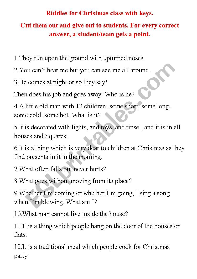 Riddles for Christmas class worksheet