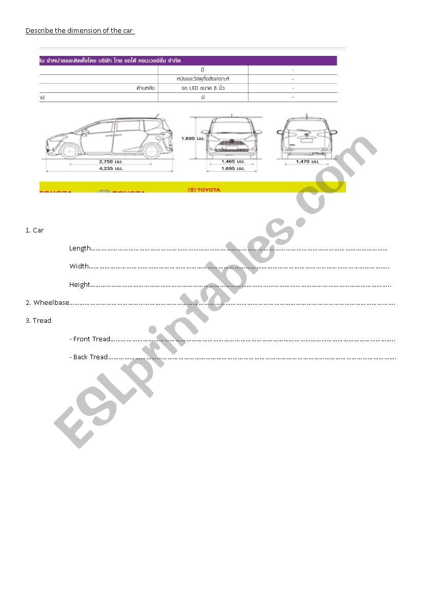 describing car dimensions1 worksheet