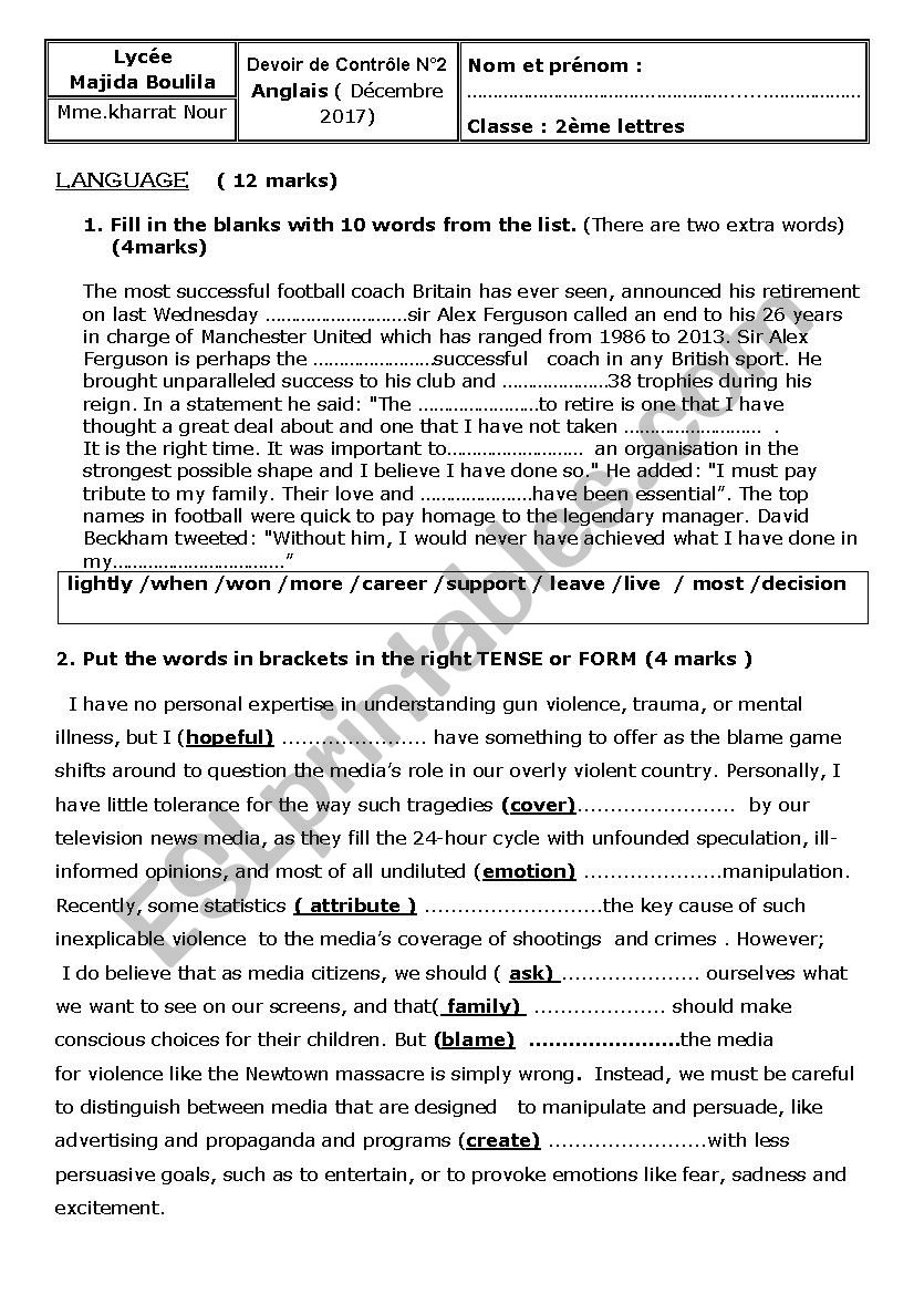 test n 2 second formers  worksheet