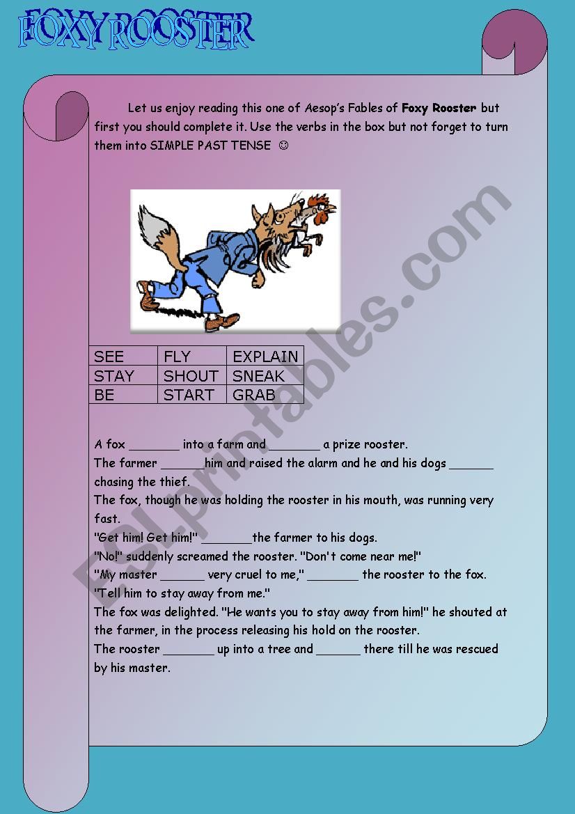 SIMPLE PAST TENSE THROUGH READING AESOP´S FABLE FOXY ROOSTER - ESL  worksheet by source