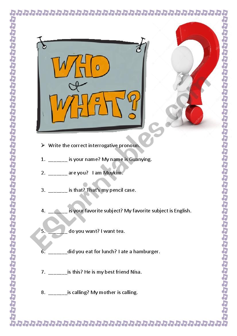 Interrogative pronoun 222 worksheet