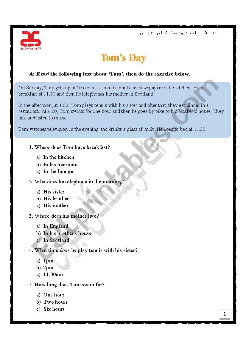 Tom´s Day ESL worksheet by abgh8156