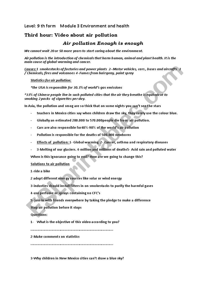 worksheet about pollution  worksheet