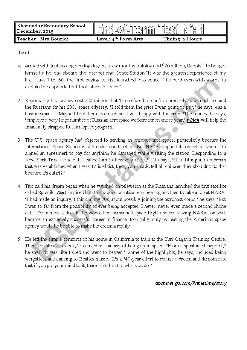 End term test worksheet