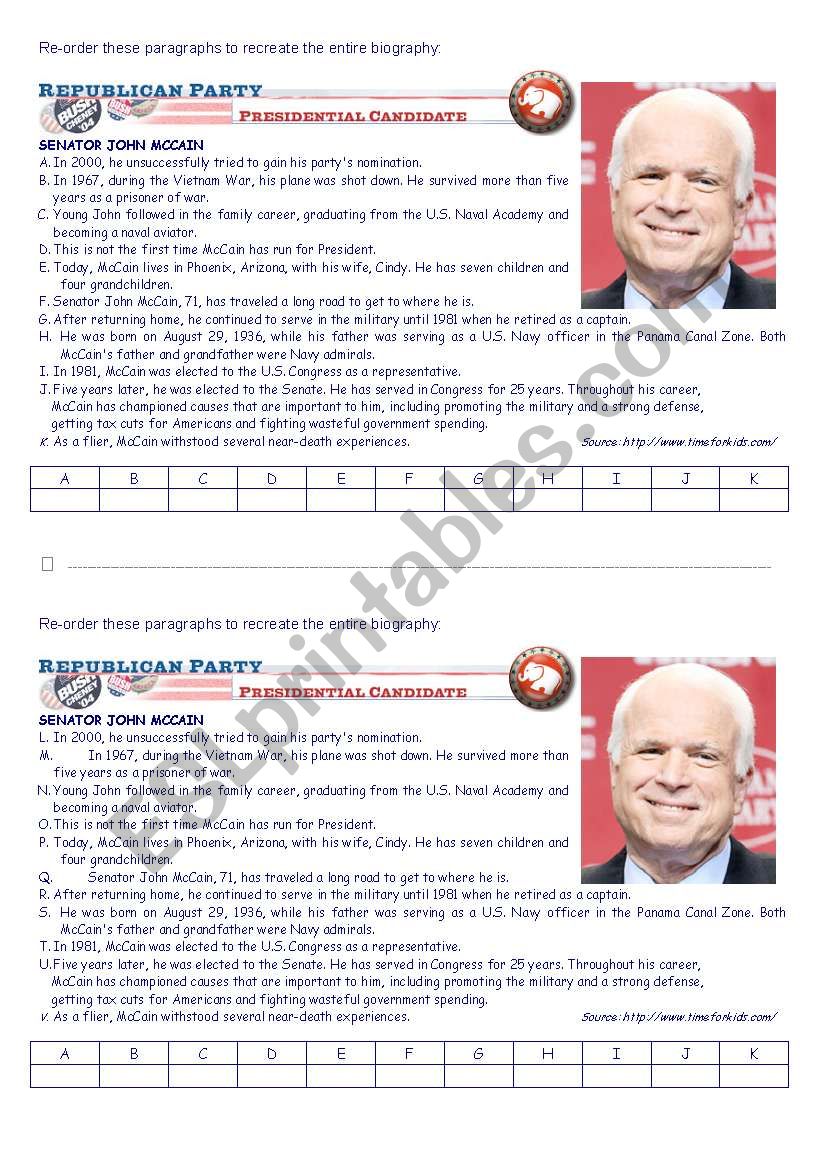 US elections: John McCain worksheet