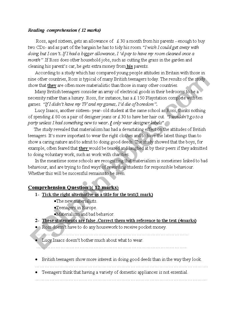 READING worksheet