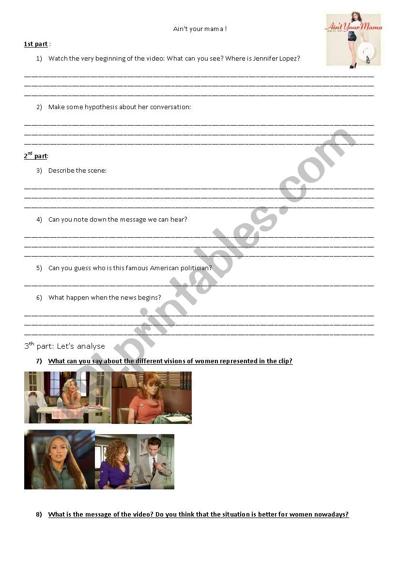 Aint your mama by J-Lo worksheet