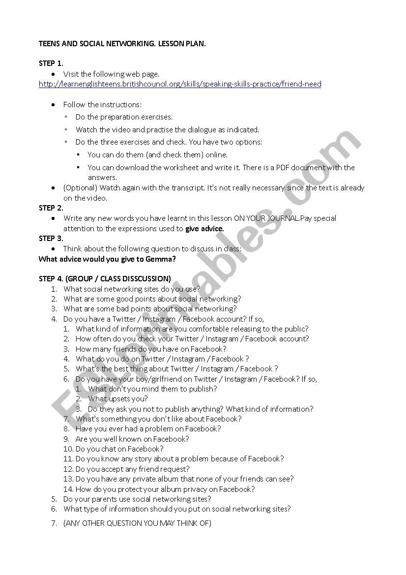 SOCIAL NETWORKS LESSON PLAN worksheet