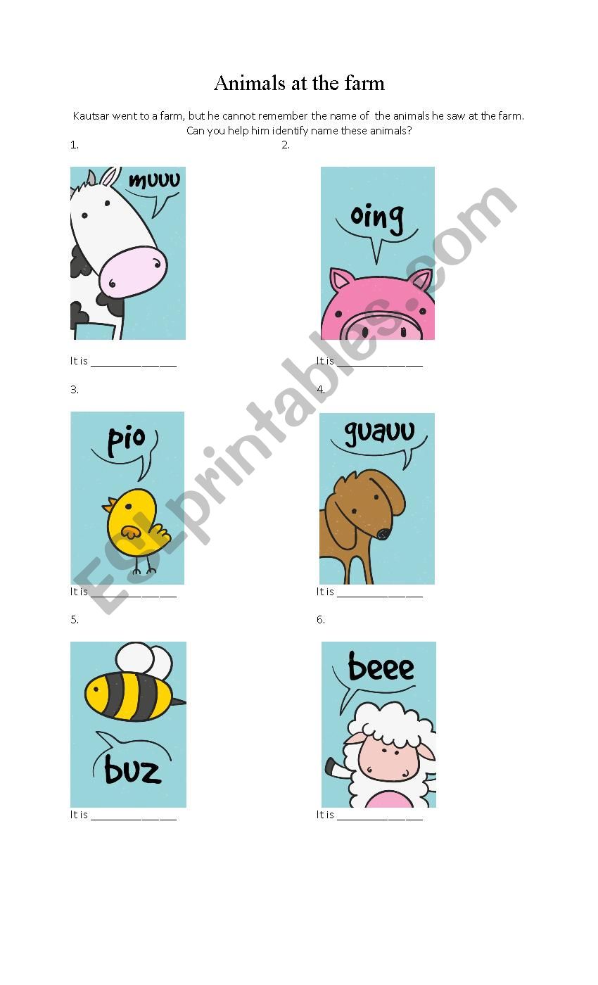 Animals at the farm worksheet