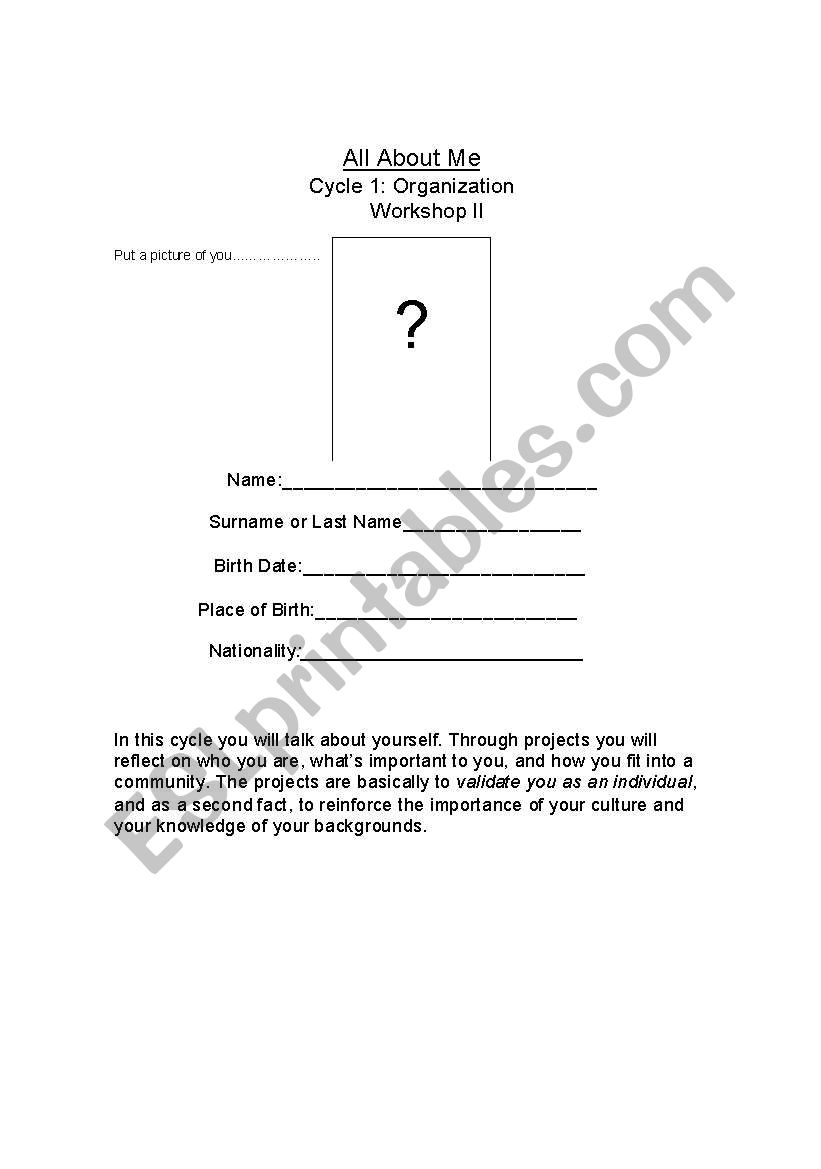 All About Me Projects worksheet