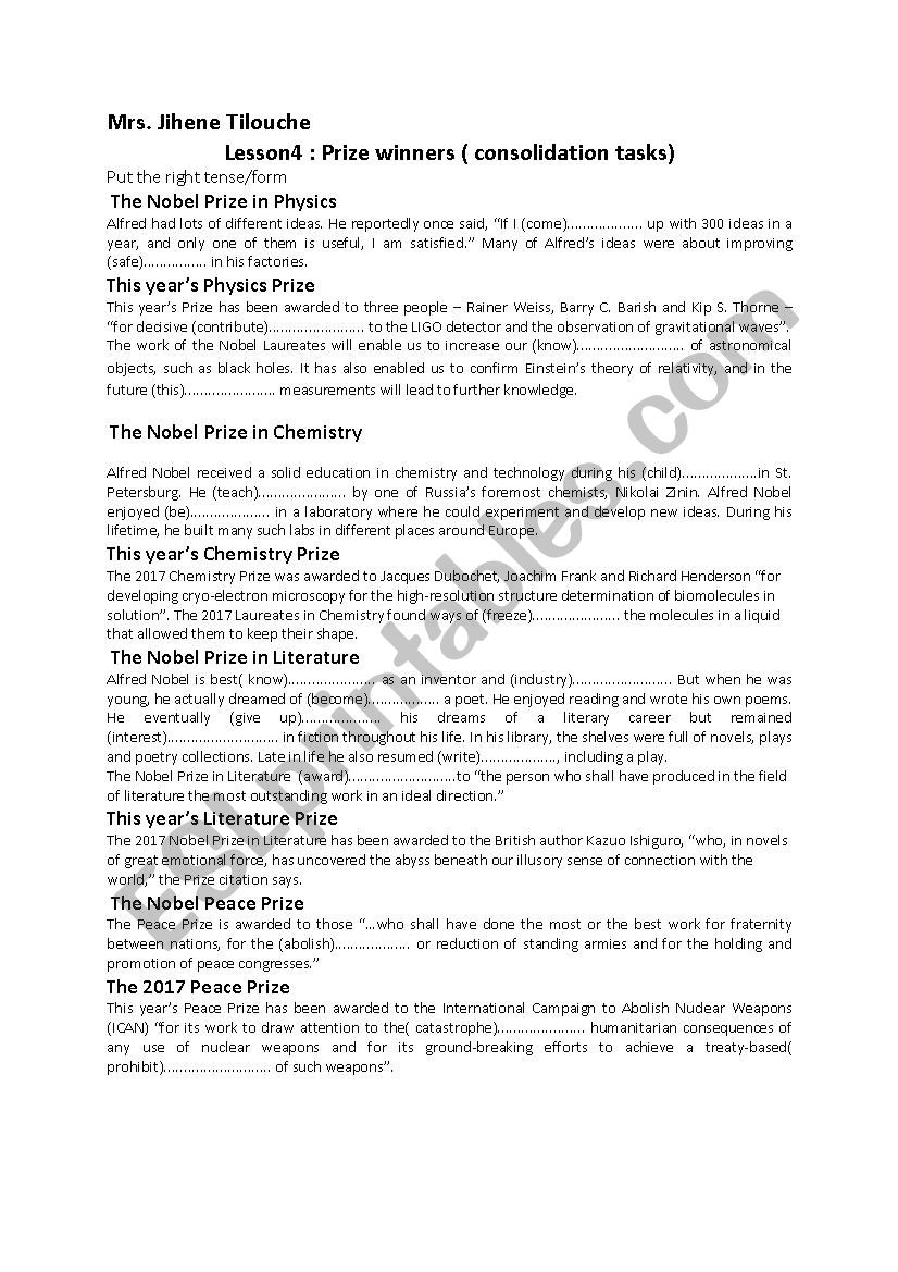 lesson 4: prize winners 2017 ( consolidation tasks)