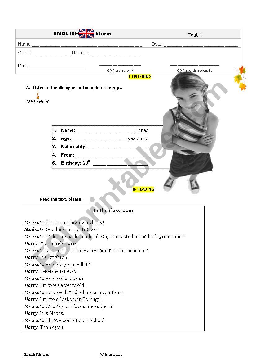 Test 1 - 5th grade worksheet