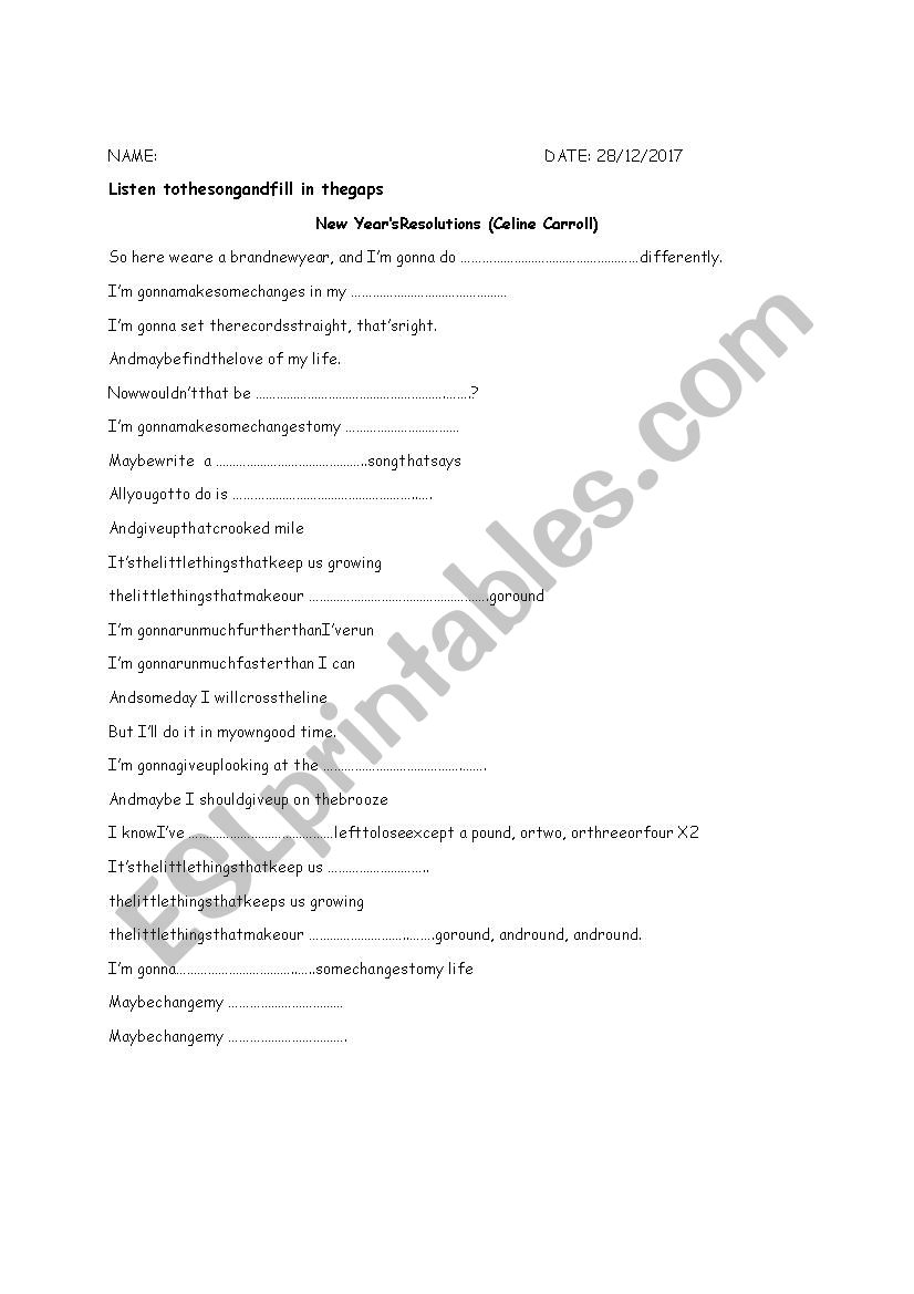 song worksheet