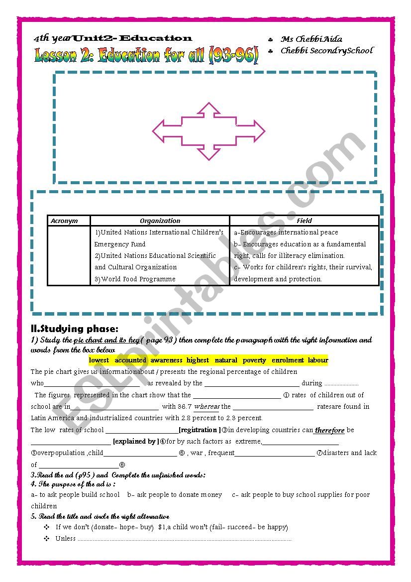 4th -Unit 2 education for all worksheet