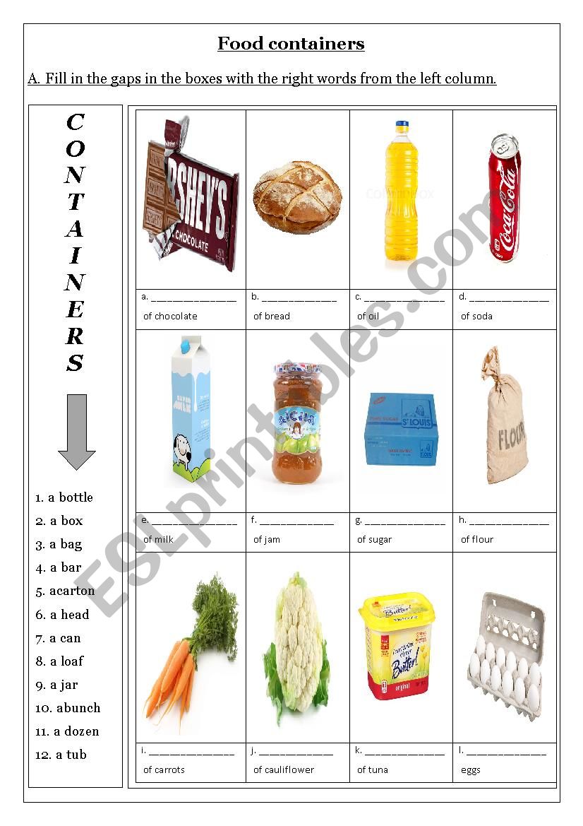 food containers worksheet