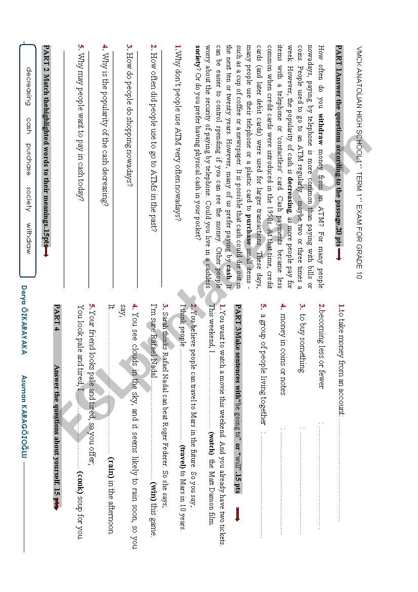 Exam for 10th Grades worksheet