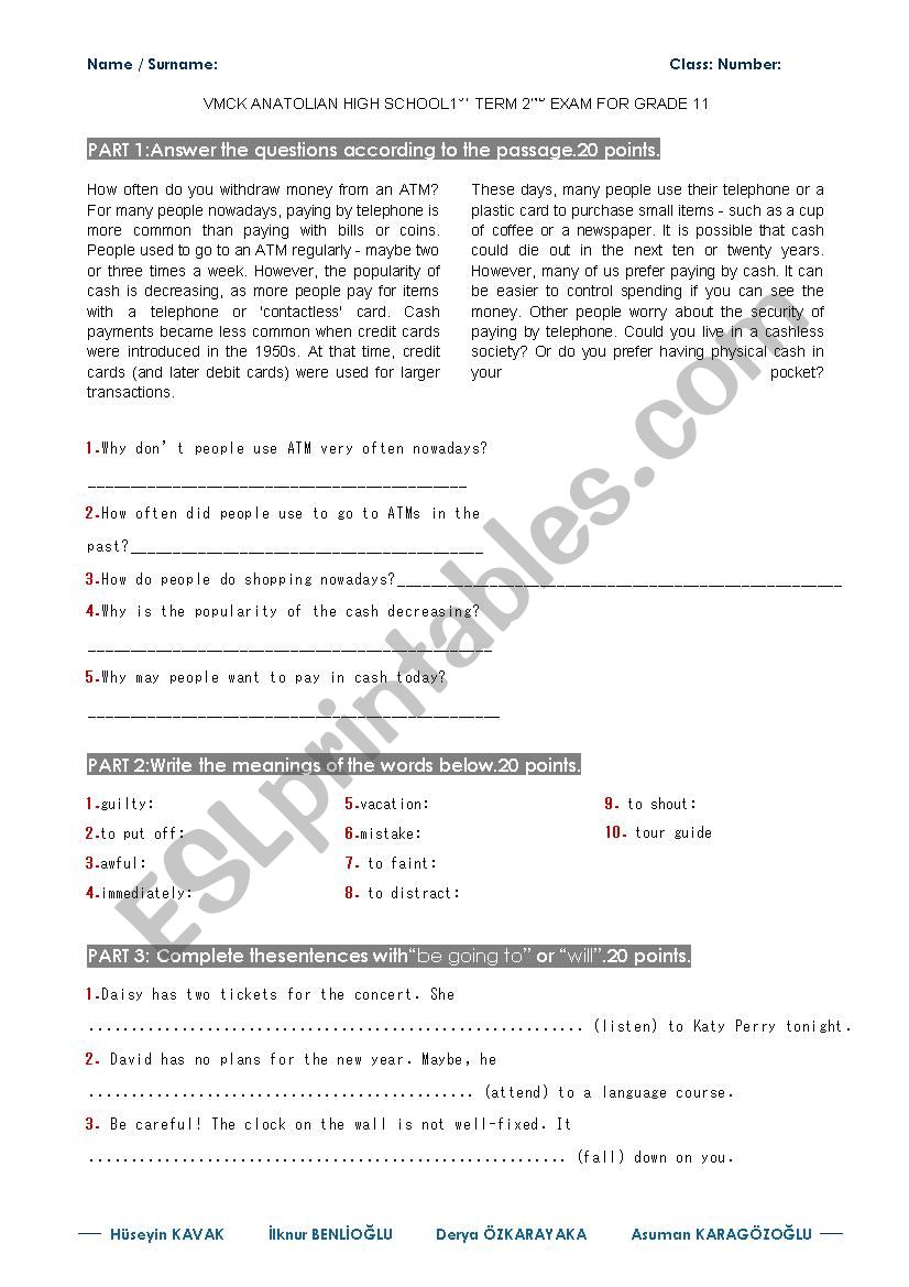 Exam for 11th Grades worksheet