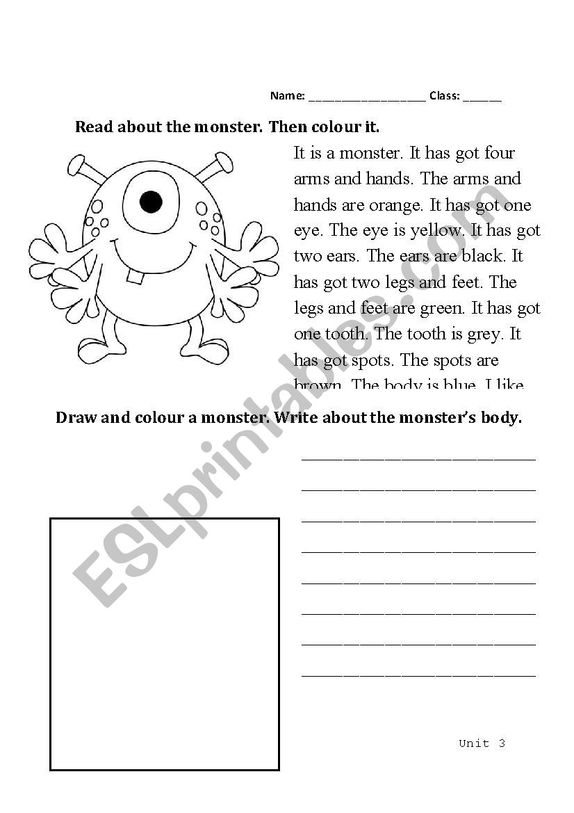 Monster body read and write worksheet