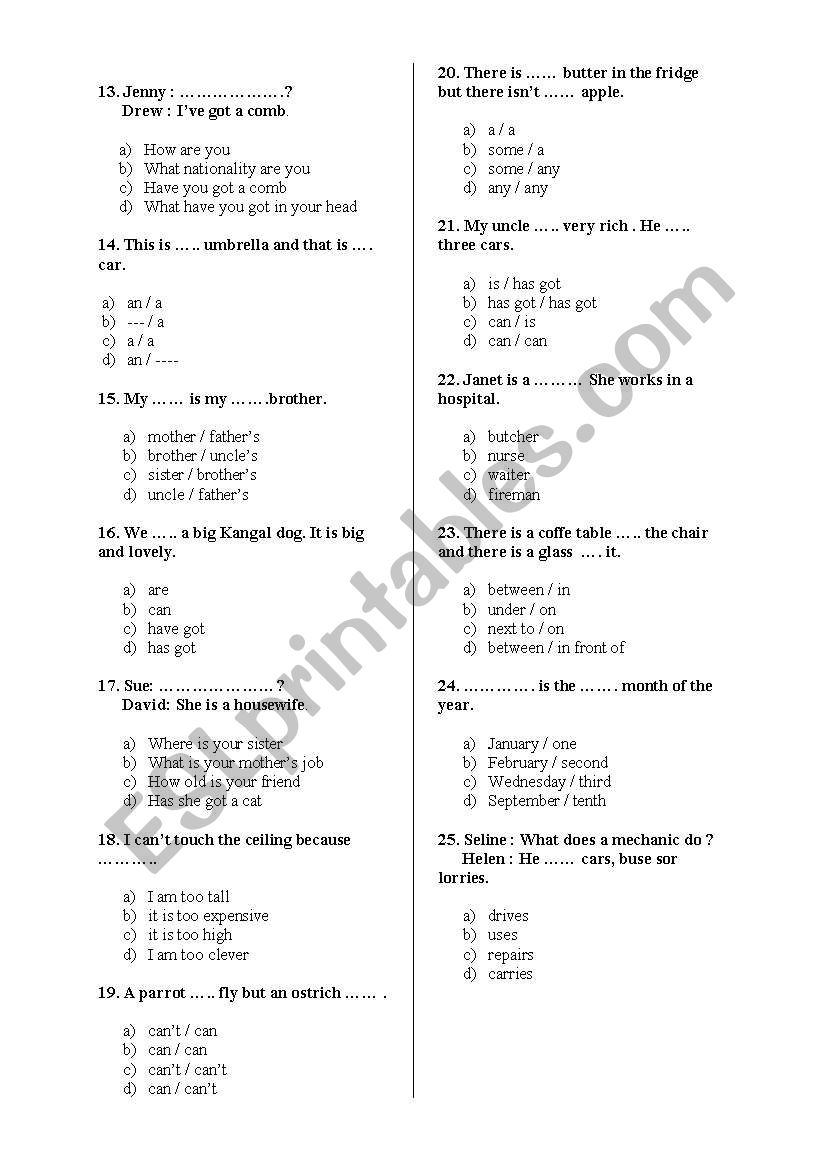 a short multiple choice for 6th grade students