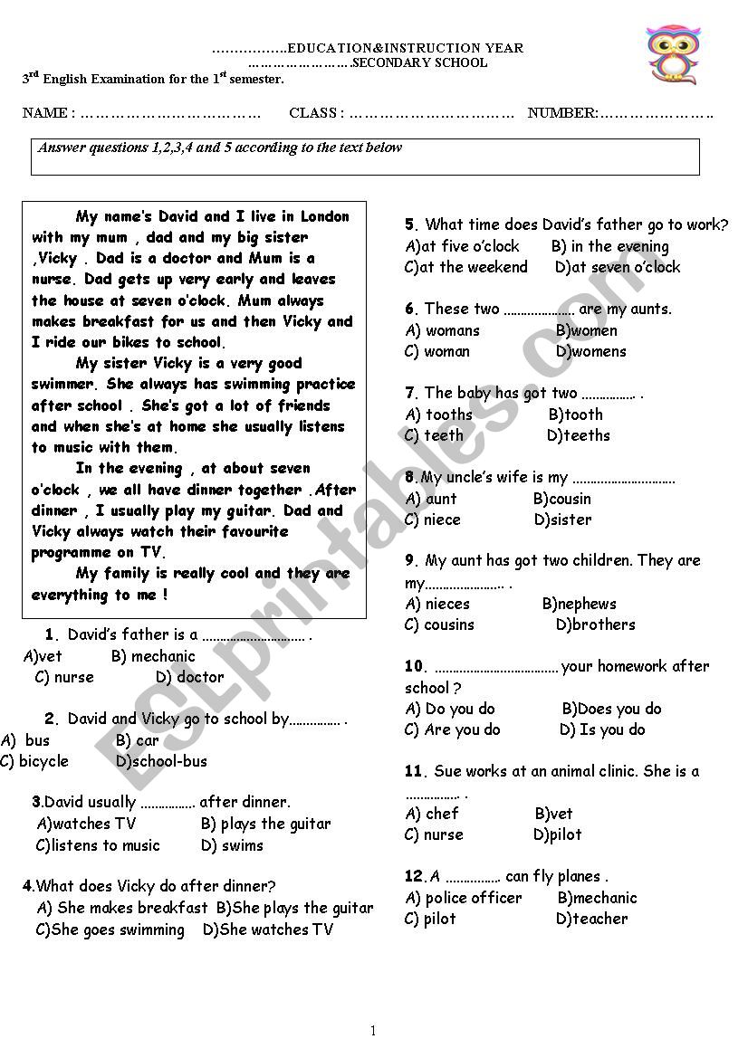 5 th grade exam worksheet