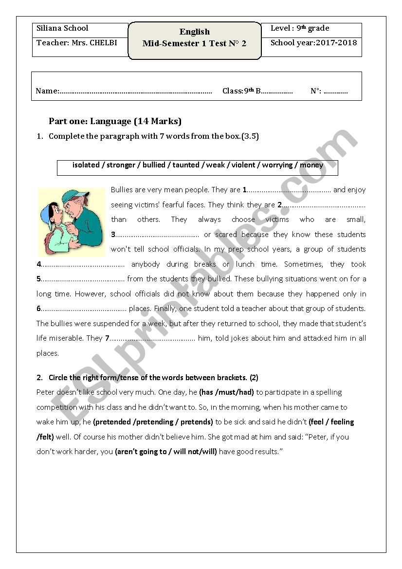 Mid-Semester1 Test N2 worksheet