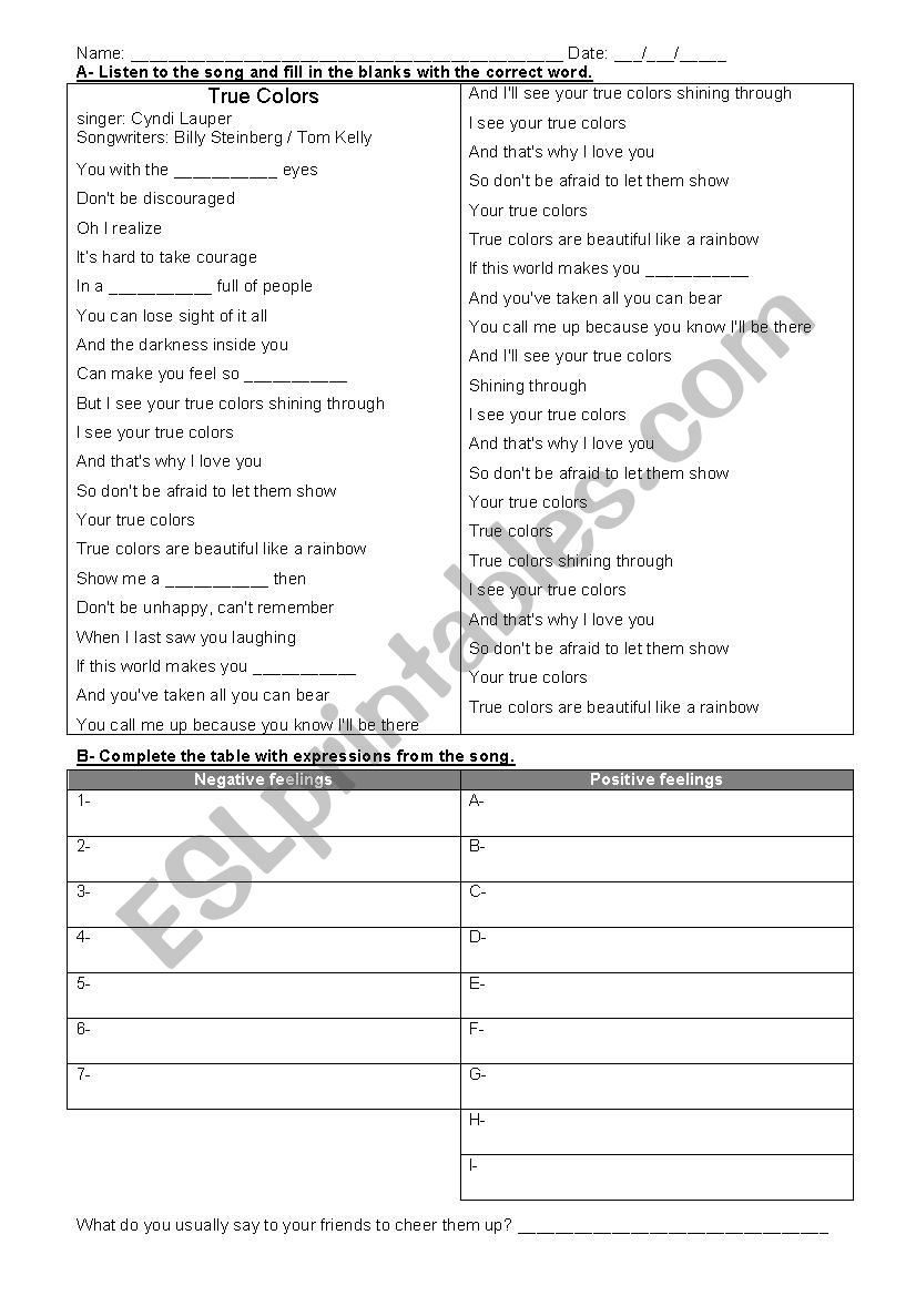 True colors and compliments worksheet