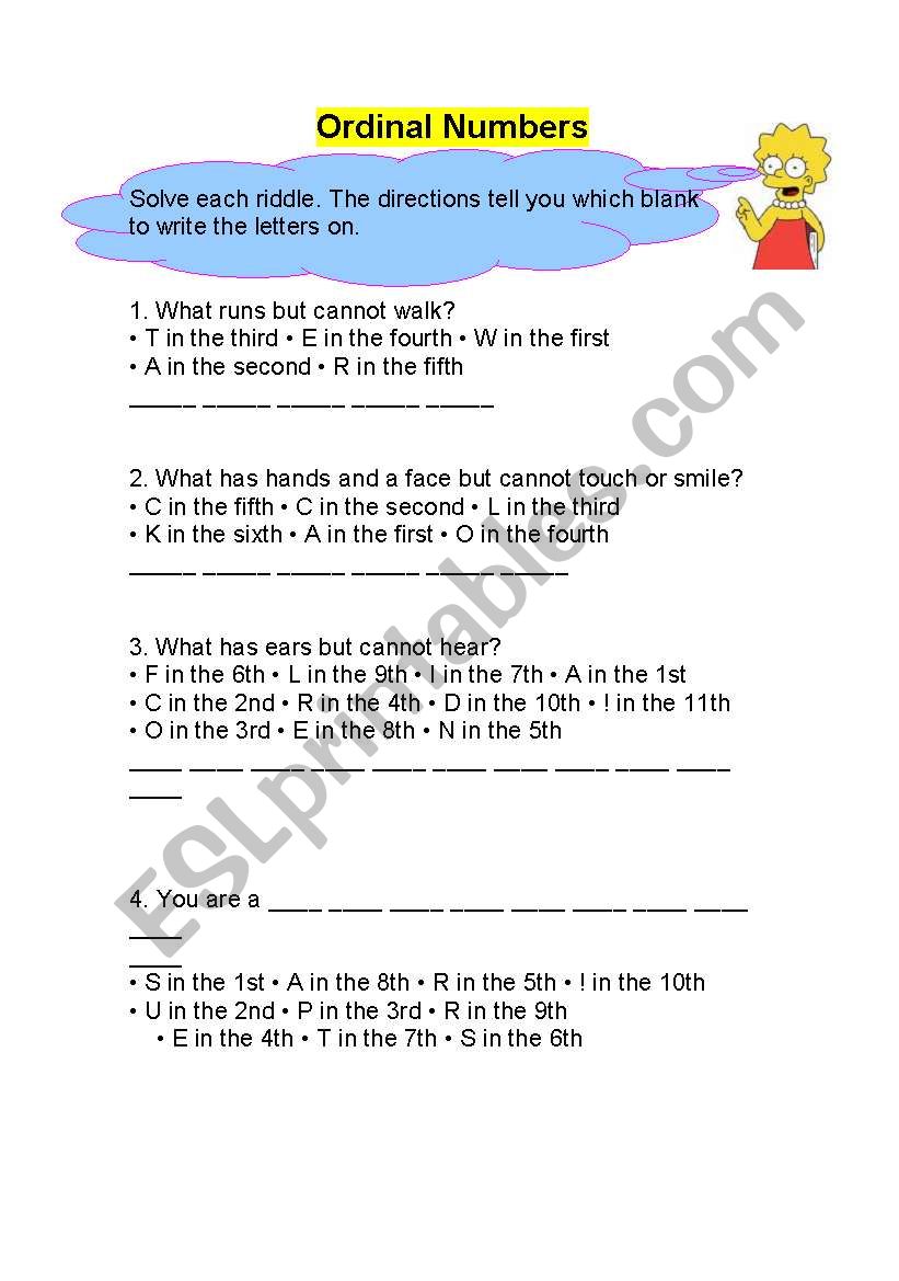 Ordinal Numbers worksheet